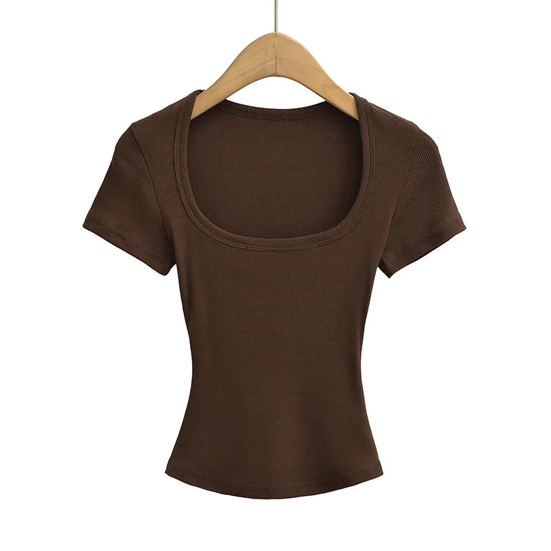 Square Collar High Stretch Summer Crop Tops Women Short Sleeve Tops Sexy Pullover Bottoming Blouses Slim T-shirt