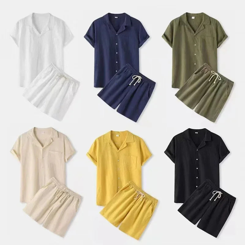 Summer Solid Cotton and Linen Suit Men'SSolid Color Fashion Lapel Short-sleeved Shirt Shorts Two-Piece Set S-3xl