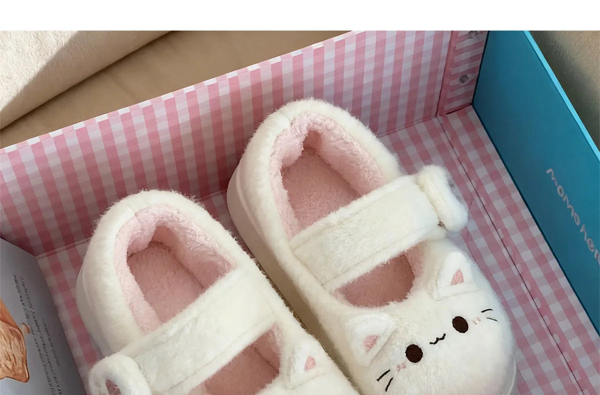 New fuzzy house slippers woman sweet furry cat designer mary janes shoes for women thick sole home slipper floor shoes bedroom