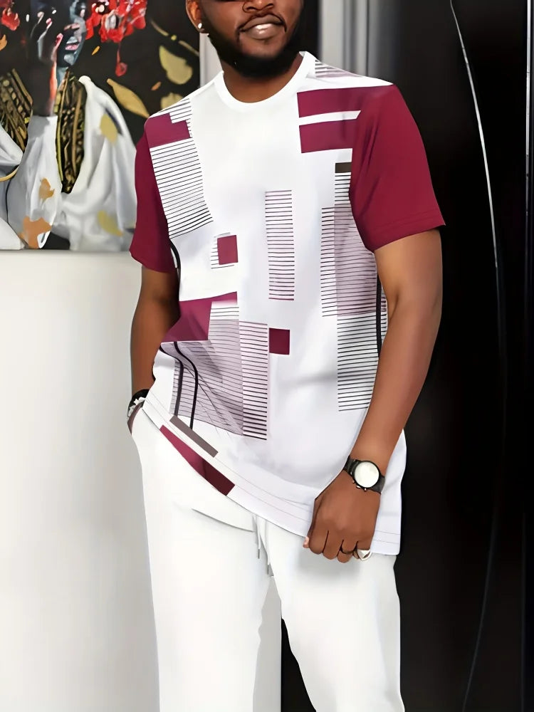 Summer Men's Short-Sleeve Suit Striped Print Short-Sleeve Top Paired With Tailored Trousers Outdoor & Streetwear Two-Piece Set