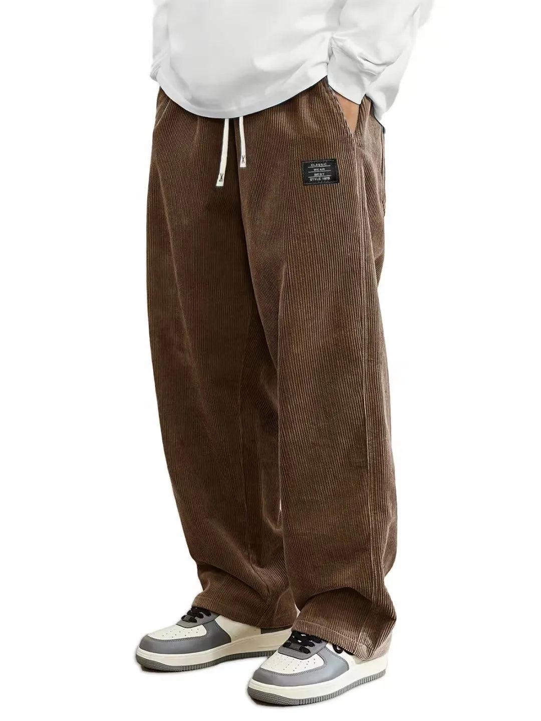 Men'S Corduroy Straight Leg Pants with Drawstring Waist,  Pockets, and Logo Design - Stretchy, Casual Fit for Everyday Wear