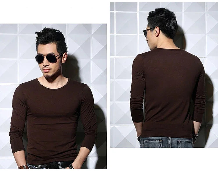 Men's Long Sleeve V Neck T Shirt 2026 MRMT Men T-shirt Slim Solid Tight Man T Shirt Tops Tees Clothing