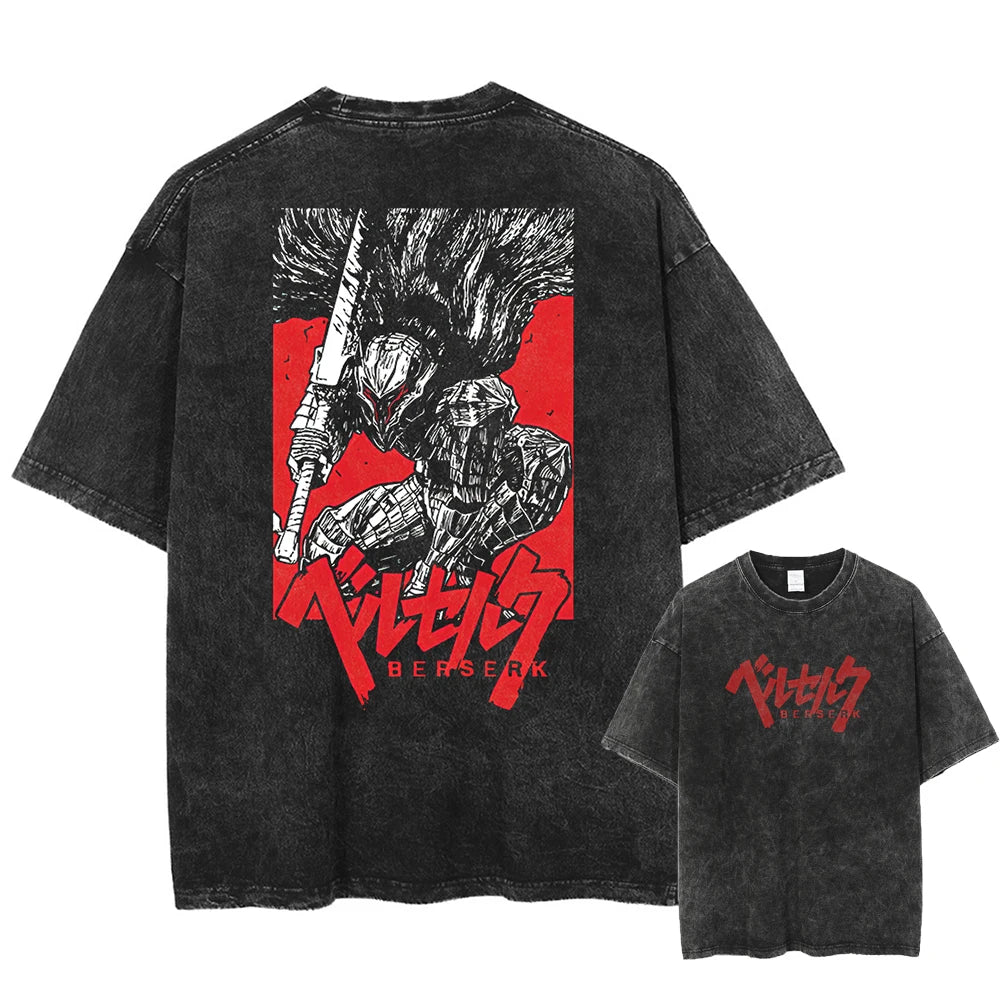 Anime Berserk Guts Printed Washed T-shirt Men Manga Street Tshirts Washed Cotton Harajuku Male Vintage Gothic Tops T Shirt