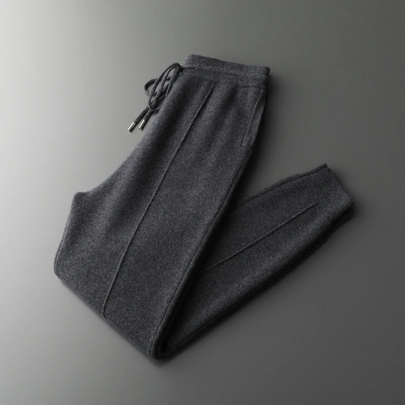 Autumn and Winter Thickened High Waisted 100% Merino Wool Men's Pants Small Leg Pants Casual Business Knitted Sweatpants Warm