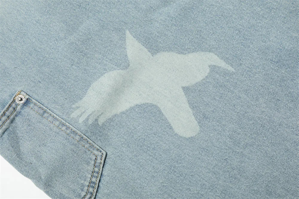 Pigeons Print Carpenter Denim Pant Mens Pocket Retro High Street Washed Distressed Loose Wide Leg ARC 3D JEANS