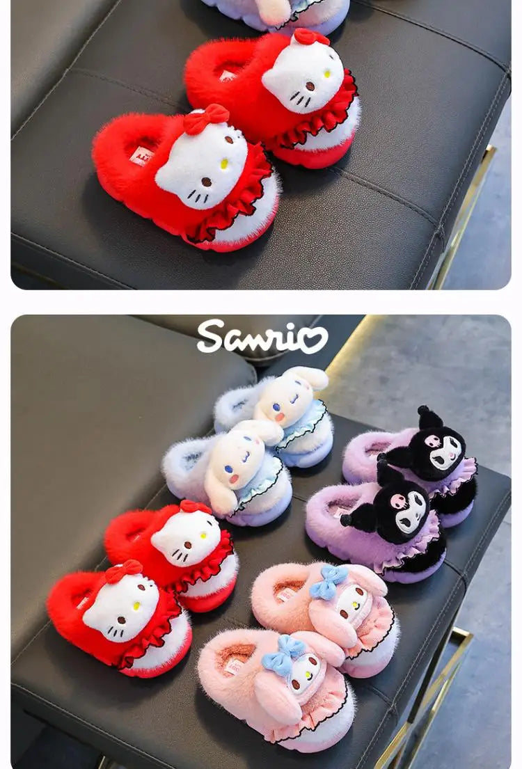 Sanrio Kawaii Girls Plush Slippers Cute Kuromi Hello Kitty My Melody Cartoon Student Winter Home Indoor Anti-Slip Warm Shoes