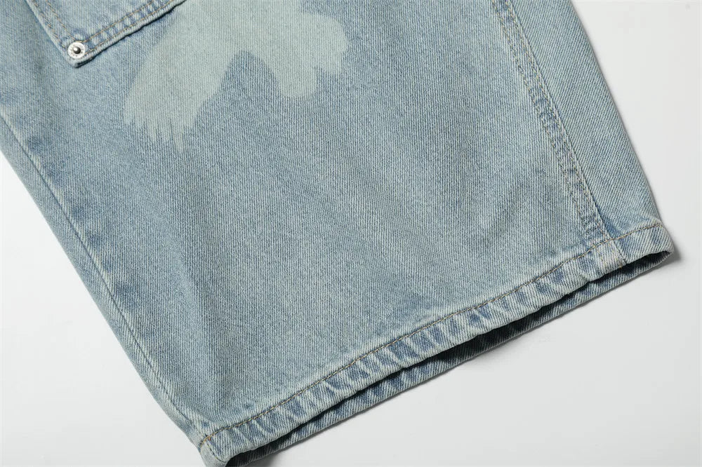 Pigeons Print Carpenter Denim Pant Mens Pocket Retro High Street Washed Distressed Loose Wide Leg ARC 3D JEANS