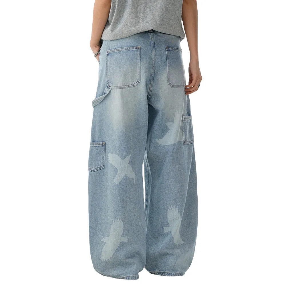 Pigeons Print Carpenter Denim Pant Mens Pocket Retro High Street Washed Distressed Loose Wide Leg ARC 3D JEANS