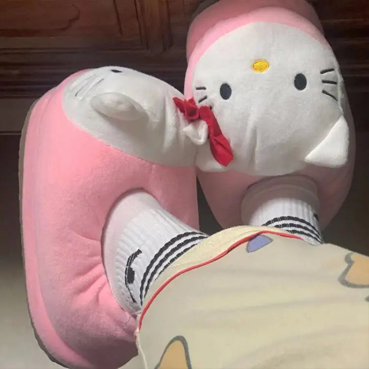 Y2K Hello Kitty Women Plush Cotton Shoes Big Head Slippers Sanrio Kawaii Anime Flat Shoes Winter Warm Thickened Cute Student