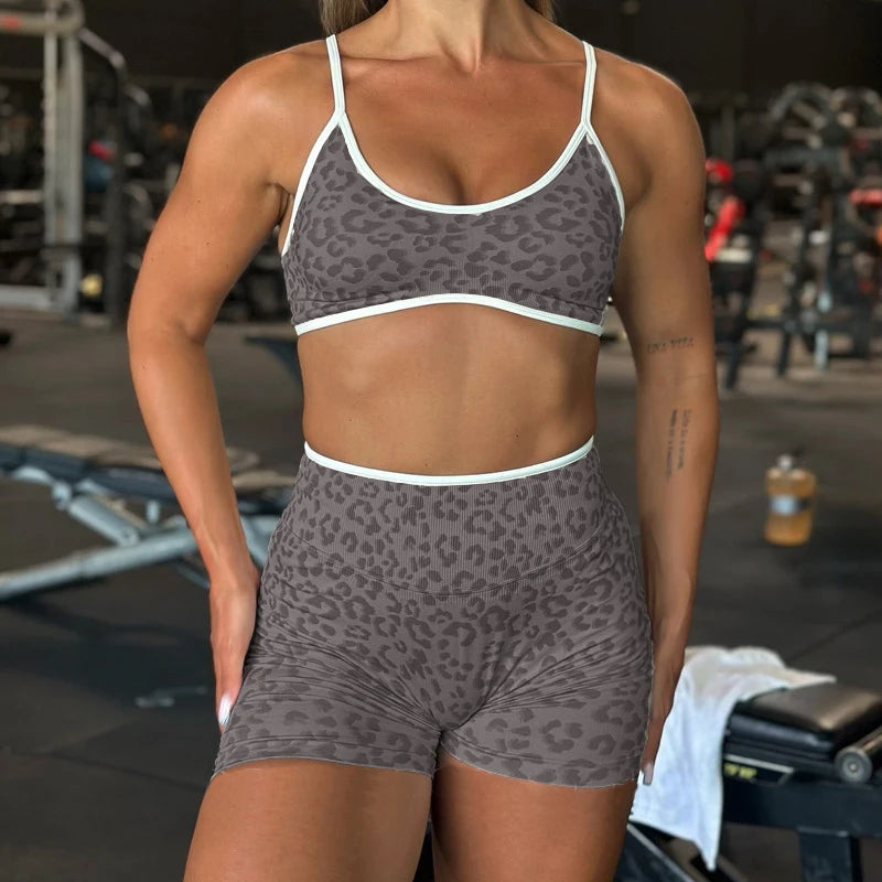 Seamless Leopard Yoga Set Women Sports Bra High Waist Shorts Scrunch Gym Fitness Workout Run Legging Activewear XP269