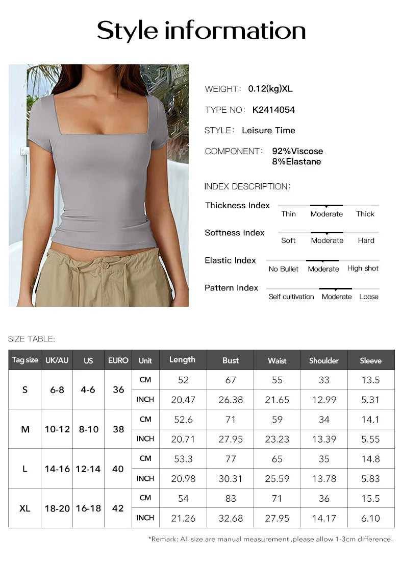 New Arrival Hot Seller 2024 Spring/Summer T-Shirt Women's Casual Square Neck Solid Color Slim-Fit Crop Top Short Sleeve