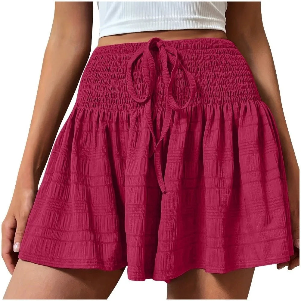 Solid Color Drawstring Women's Short Lace Up Loose Sports Shorts Skirt Summer Pleated Pajama Pants Summer