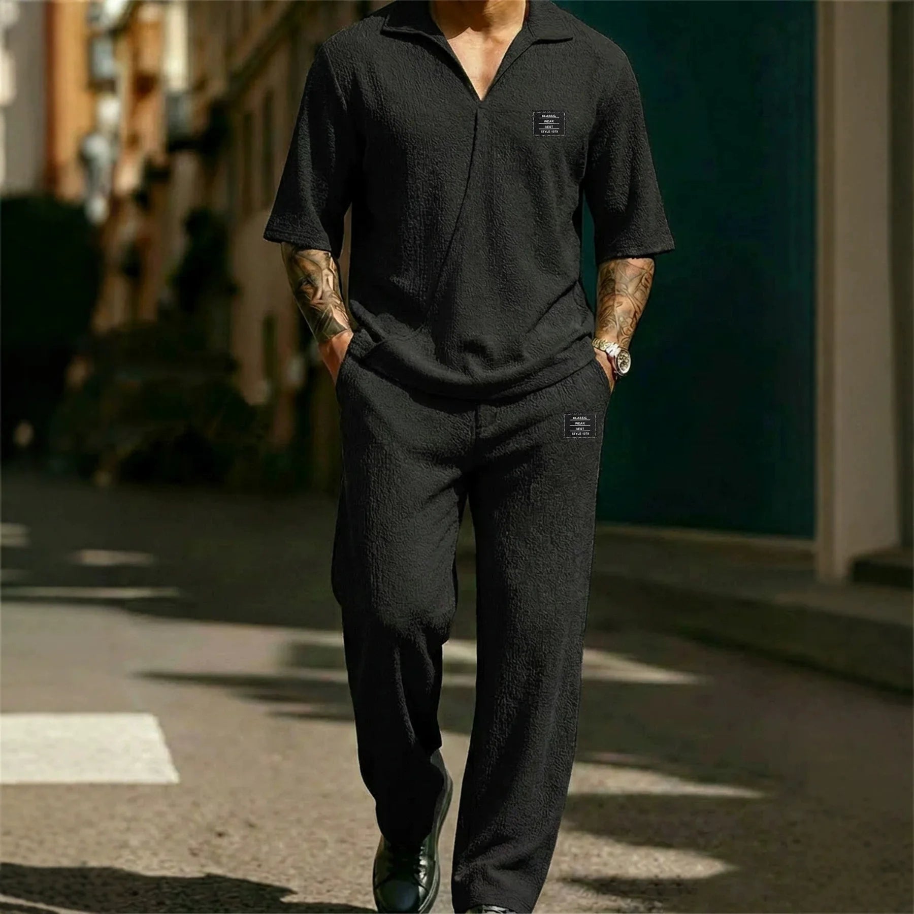 2026 New Style Men's Fashion Casual Shirt Set - High-Quality Solid Color V-Neck Short Sleeve Pants Two-Piece Set