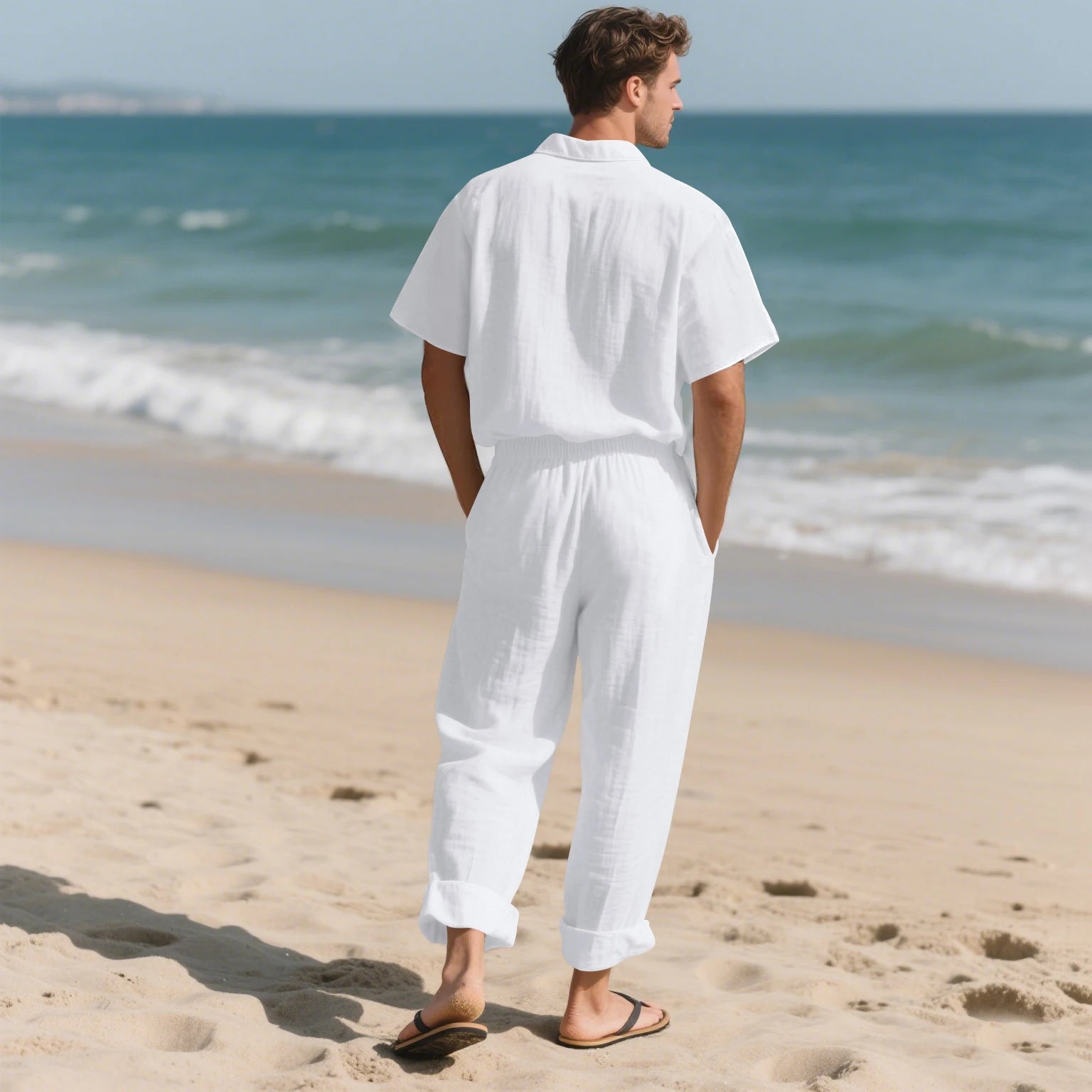2025 New Arrival Men's Casual Tracksuit Linen Shirt and Pants Set Breathable Summer Outfits for Beach and Daily Wear