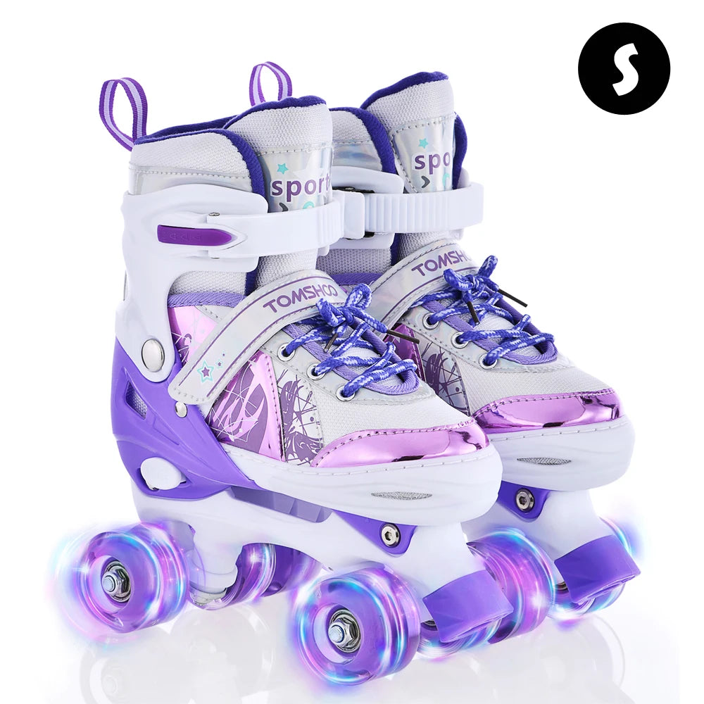 Boys Girls Kids Skates Children Roller Skates Skating Shoes PU Flashing 4 Wheels Roller Skates Sliding Adjustable Quad Sneakers