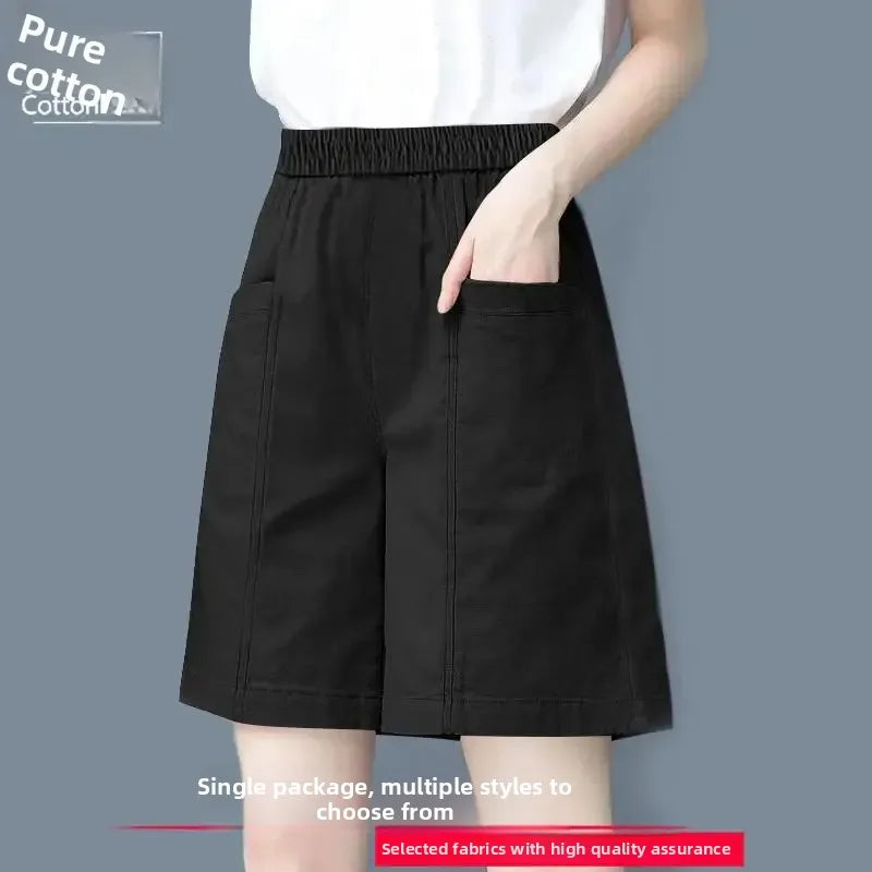 Summer Casual Loose High Waist Slimming Cotton Wide Leg Five-Quarter Length Women's Shorts Versatile Workwear Style Shorts