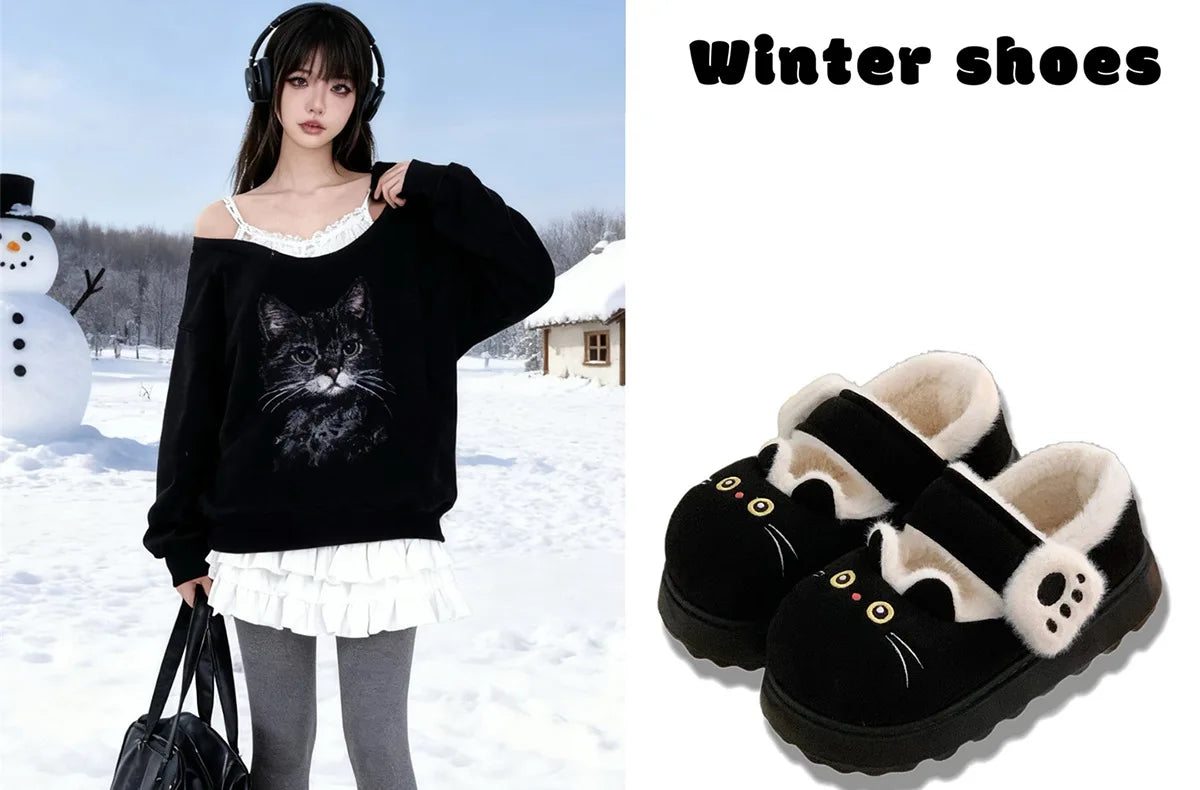 New fuzzy black cat shoes hook loop winter slippers for women indoor mary jane plush shoes mom shallow warm kitty slippers woman