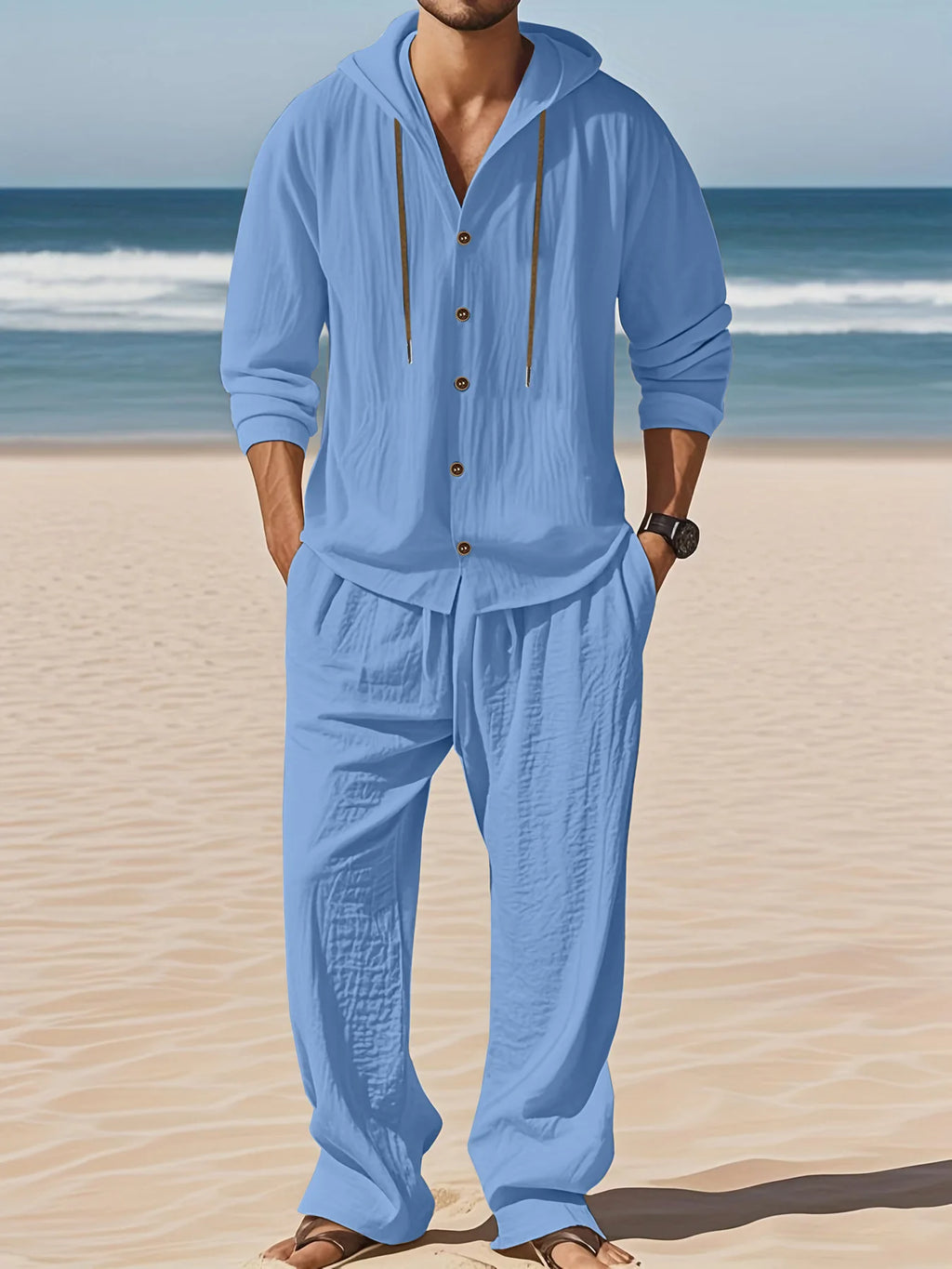 Men's Linen Long-Sleeved Shirt And Pants Set Breathable Outdoor Leisure Hiking Beach Sports Clothing for Spring Summer Autumn
