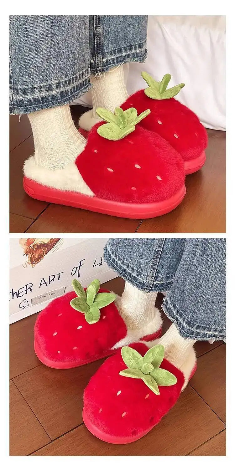 Winter Women's Furry Cotton Home Slippers Cute Strawberry Design Warm Thick Soled Anti Slip Indoor Household Outdoor Wearable
