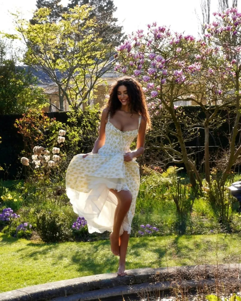 YENKYE Sexy Elegant Women Lace Patchwork Floral Print Sling Midi Dresses Holiday Summer Lady Party Vestidos Cotton Robe