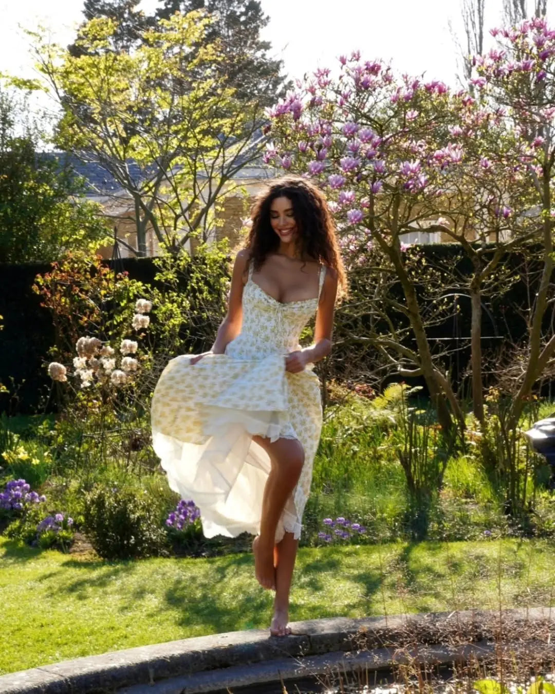 YENKYE Sexy Elegant Women Lace Patchwork Floral Print Sling Midi Dresses Holiday Summer Lady Party Vestidos Cotton Robe