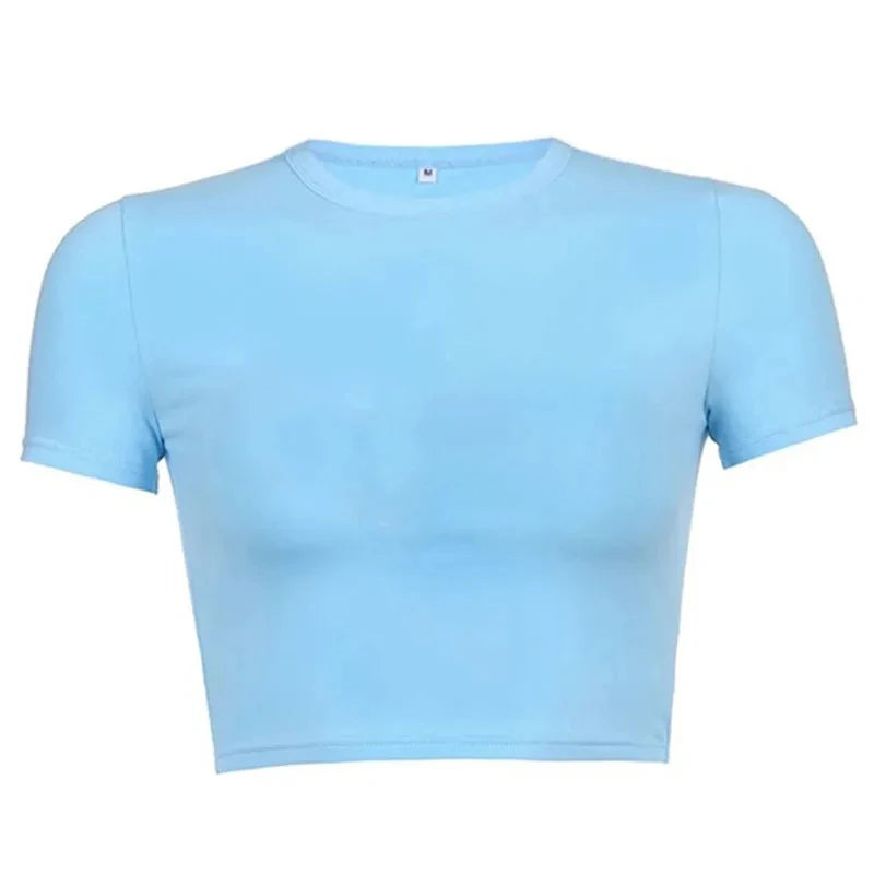 Summer Casual Short Sleeve Basic O Neck Solid Color Cropped Navel Women Crop Tops Soft Bodycon Fashion Tees Blouse