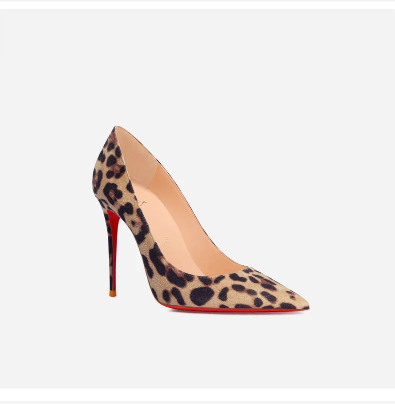 elegant women heeled Luxury Brand Leopard print heels 2025 trend Red Shiny Bottoms Pointed Toe Pumps Prom Ladies Shoes Women 8cm