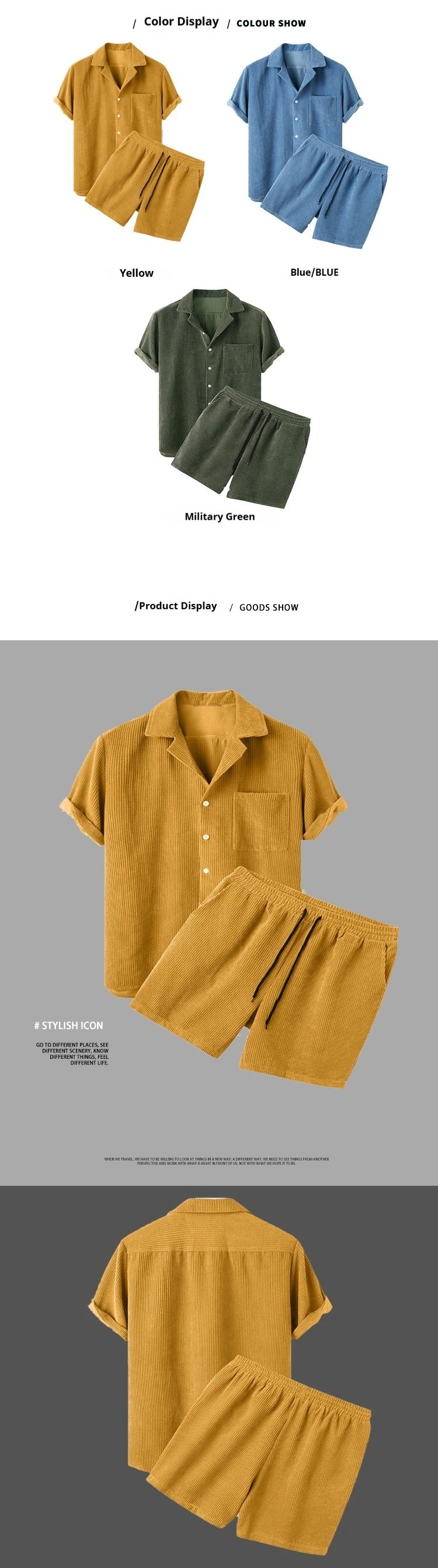 2025 New Men's Summer Corduroy Shirt and Shorts Set Solid Color Casual Wear Summer Street Wear Two-piece Suit