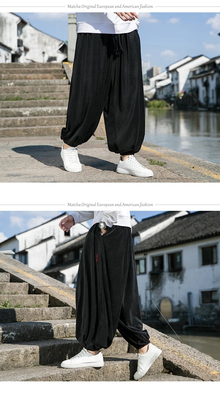2024 Autumn Winter Men Polar Fleece Pants Men Velvet Retro Harem Pants Male Solid Color Wide Leg Pants Harajuku Jogging Trousers