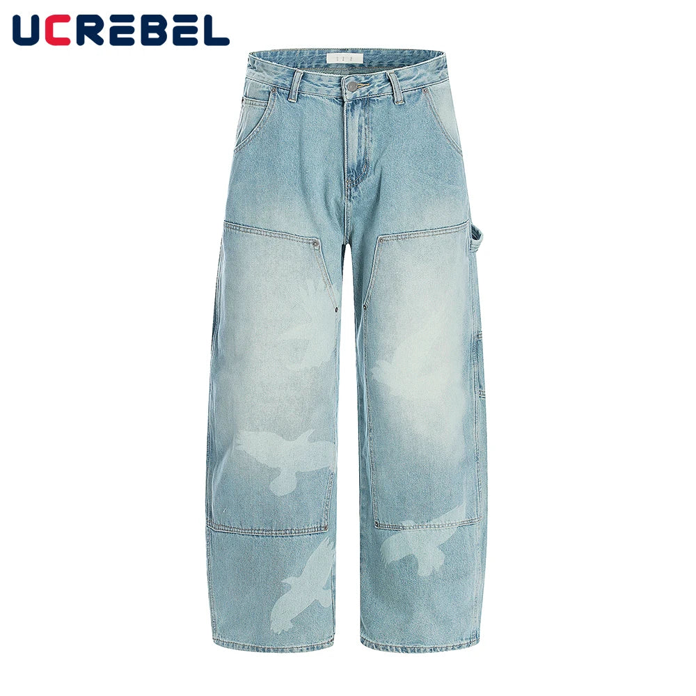 Pigeons Print Carpenter Denim Pant Mens Pocket Retro High Street Washed Distressed Loose Wide Leg ARC 3D JEANS