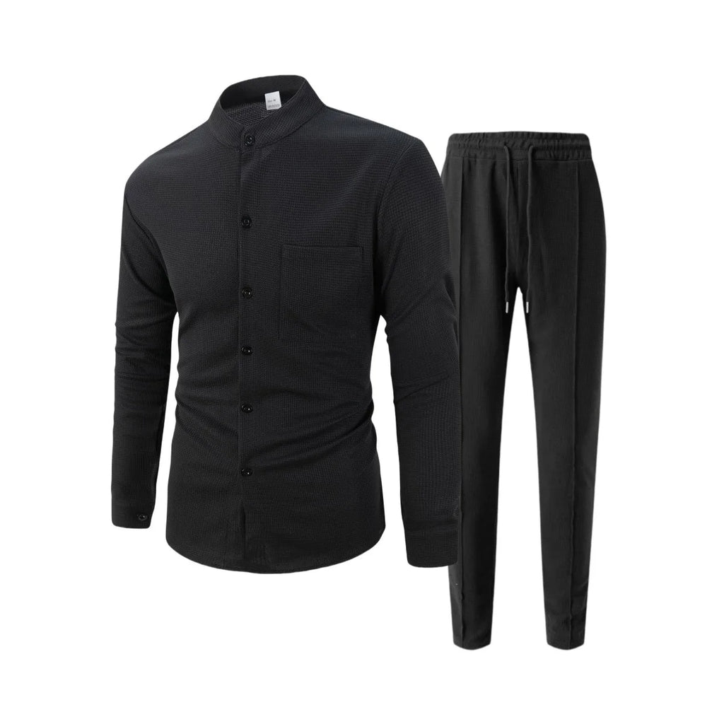 New autumn men's suit, waffle plain-colored long-sleevedshirt with pocket cardigan, stylish men's casual clothing long pants set