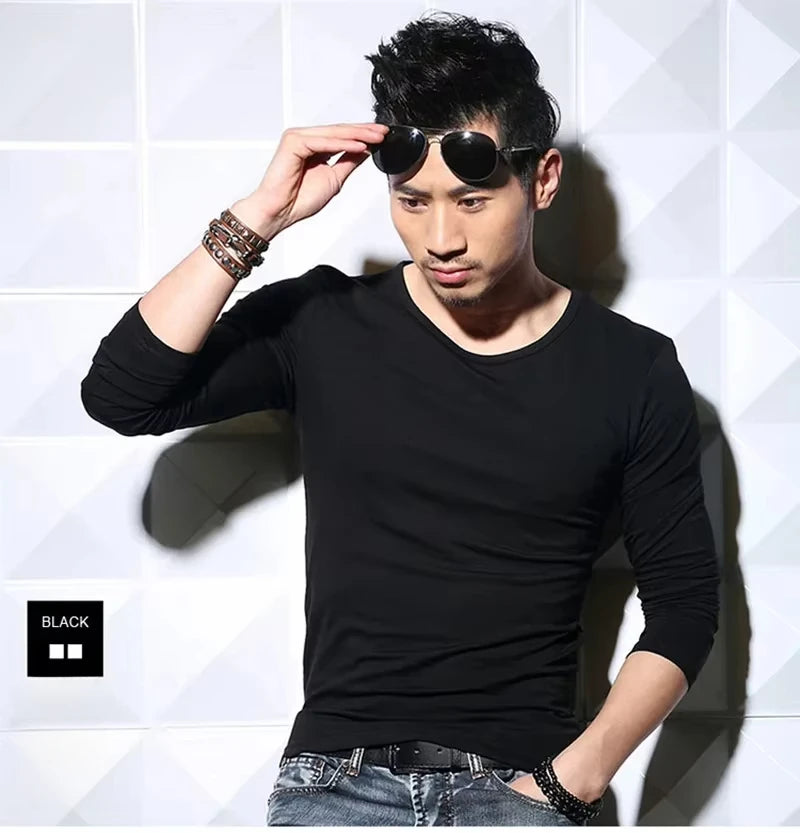 Men's Long Sleeve V Neck T Shirt 2026 MRMT Men T-shirt Slim Solid Tight Man T Shirt Tops Tees Clothing