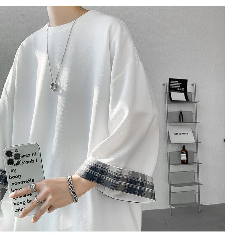 men t shirts Summer Men's T-shirts Women Oversized 2XL Korean Style Loose Plaid T-shirt Casual Seven sleeves T-Shirt Male White
