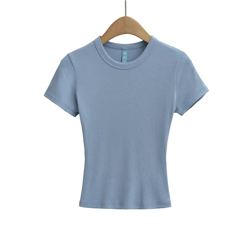 LUNDUNSHIJIA 2025 Summer Sexy Women Basic Small O-neck Short Sleeve T-shirt Ladies Slim Elasticity Cotton Short Style Tee Tops