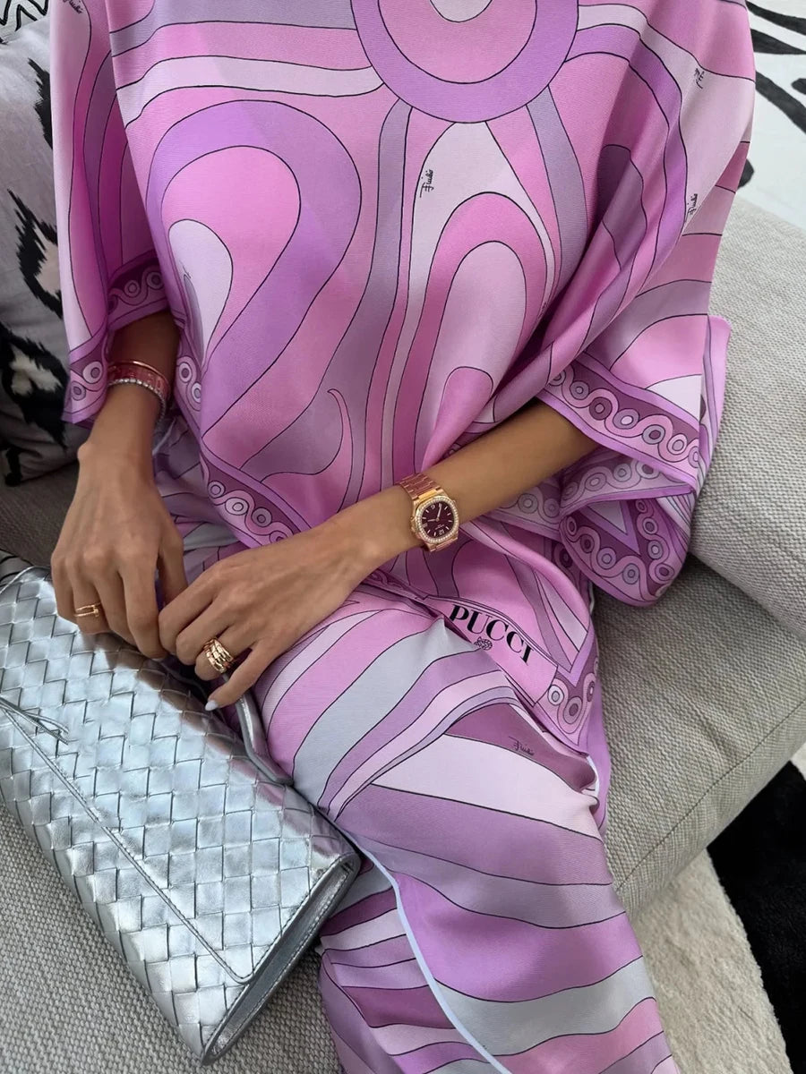 TWOTWINSTYLE Holiday Elegant Printing Two Piece Set for Women O Neck Short Sleeve Top High Waist Maxi Skirt Suit Female Style