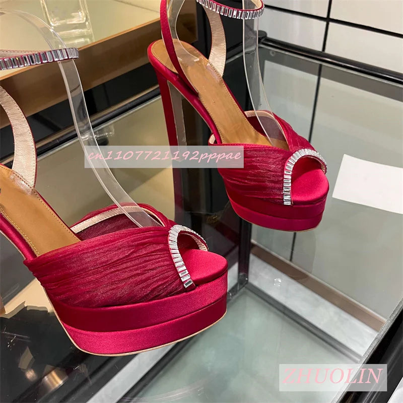 Women'S Satin Rhinestone Double-Layer Platform Shoes Open Toe Chunky Heel Buckle Strap High Heels Elegant Luxury Wedding Shoes