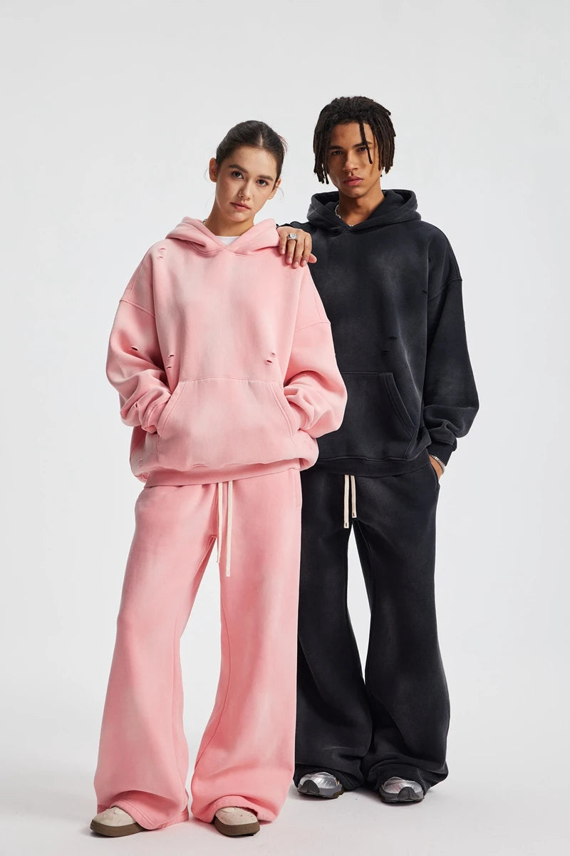 2025 Winter New Fleece Sweatpants Men Splashing Ink Spray Dyeing Wash Distressed Wide Joggers Grinding Edges Baggy Plush Pants