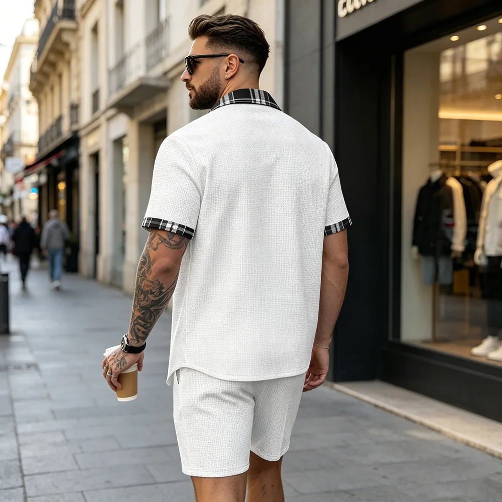 Summer New Waffle Set, Men's Plaid Spliced Short-Sleeve Shirt & Shorts, Casual Two-Piece Outfit F156D