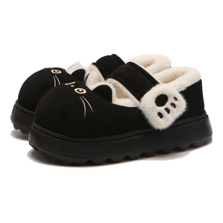 New fuzzy black cat shoes hook loop winter slippers for women indoor mary jane plush shoes mom shallow warm kitty slippers woman