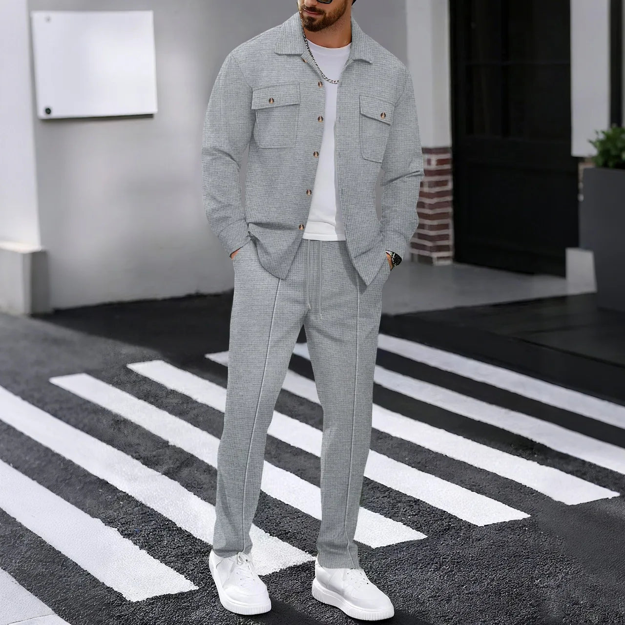 New men's solidcolor waffle longsleeved pants set  high quality fashionable comfortable with doublepocketsworkwearstyle cardigan